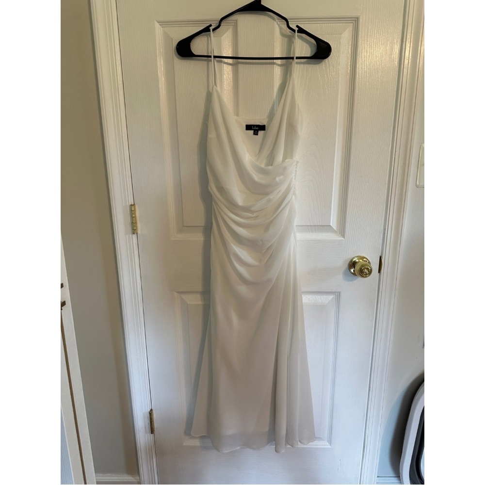Lulu’s Lovely Destiny White Sleeveless Ruched Midi Dress
